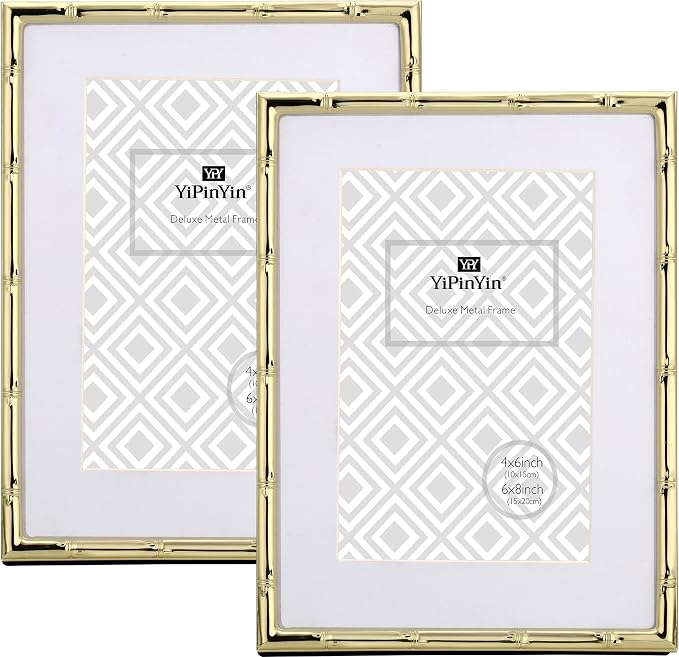 YiPinYin 6x8‘’ Bamboo Detail Gold Metal Picture Frame 2pack,6x8'' Gold Plated Photo Frames Mat for 4x6‘',with Soft Velvet Backing for Desktop and Wall Décor