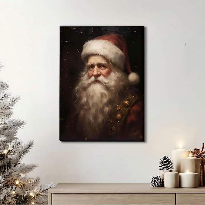 Victorian Santa Claus Portrait Christmas Art for Bedroom 12x18in, Framed Festival Canvas Prints for Christmas Wall Decor, Vintage Winter Pictures for Home Wall Decorations Indoor
