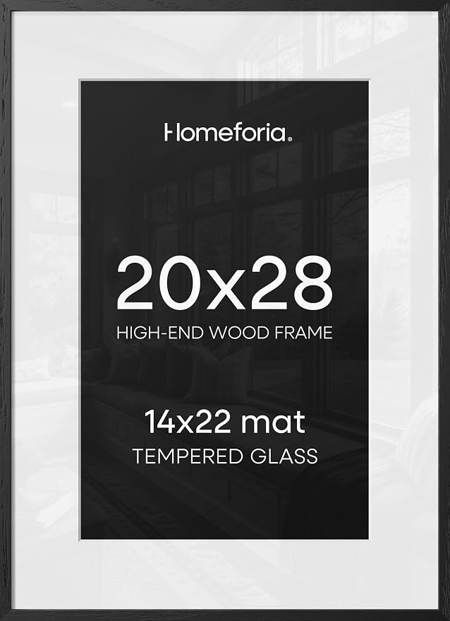 Homeforia 20x28 Black Oak Picture Frame, High-End Wood, 14x22 Mat, Glass