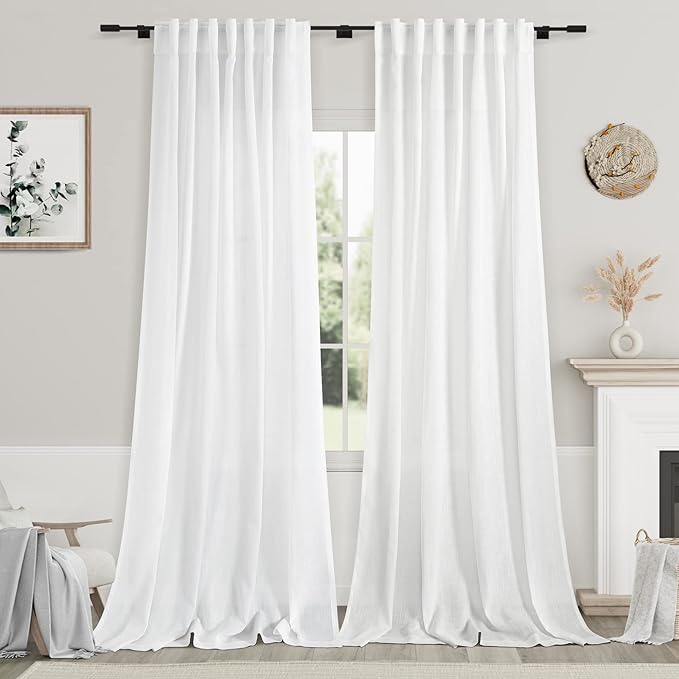 Linen White Curtains 120 inch Extra Long for Living Room Back Tab Light Filtering Semi Sheer Drapes Modern Farmhouse Coastal Decor Off White Cotton Curtain for Floor to Ceiling Window 10 FT
