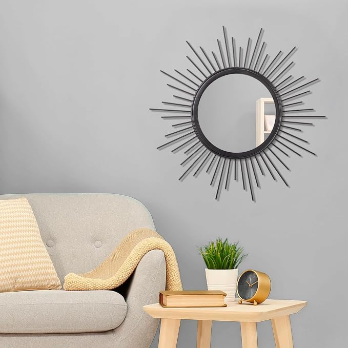 Black Sunburst Wall Mirror Decorative Metal Round Art Mirrors Large Wall Decor Hanging Mirror for Bathroom Bedroom Living Room Vanity Entryway 20"