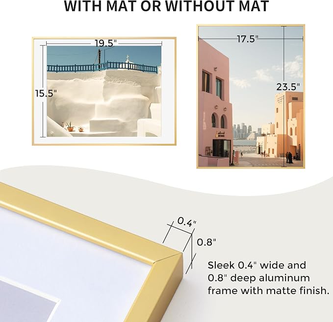 Fun Memories 18x24 Aluminum Poster Frame, 18 x 24 inch Metal Picture Frames with Real Glass Front, Displays 16x20 Photos with Mat or 18x24 Images without Mat - Gold - Set of 1