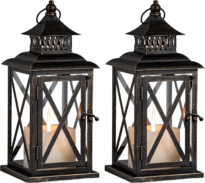 Lantern Decorative Indoor & Outdoor, 2 Pack Large Hanging Candle Lanterns Home Decor, Vintage Metal Candle Holders for Front Porch Patio Wedding Party, Halloween Christmas Decorations (Black)