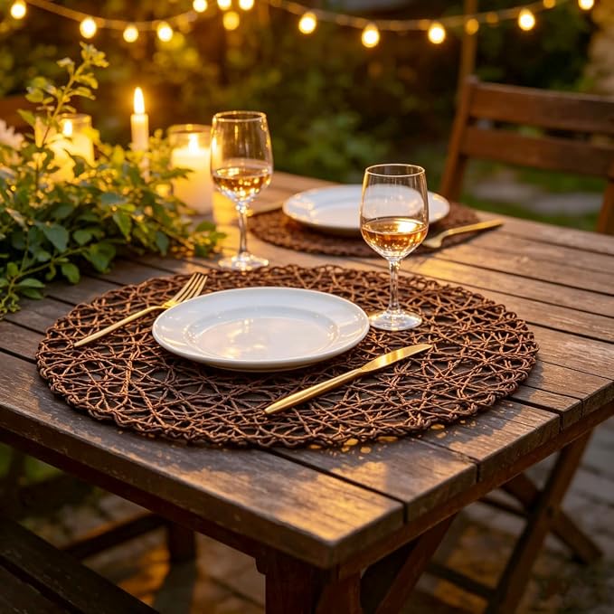 IcosaMro Brown Round Placemats Set of 12 for Dining Table, 13 Inches Paper Woven Boho Small Decorative Tan Circle Place Mat for Wedding Christmas Thanksgiving Day Holiday Dinner, Tan Brown