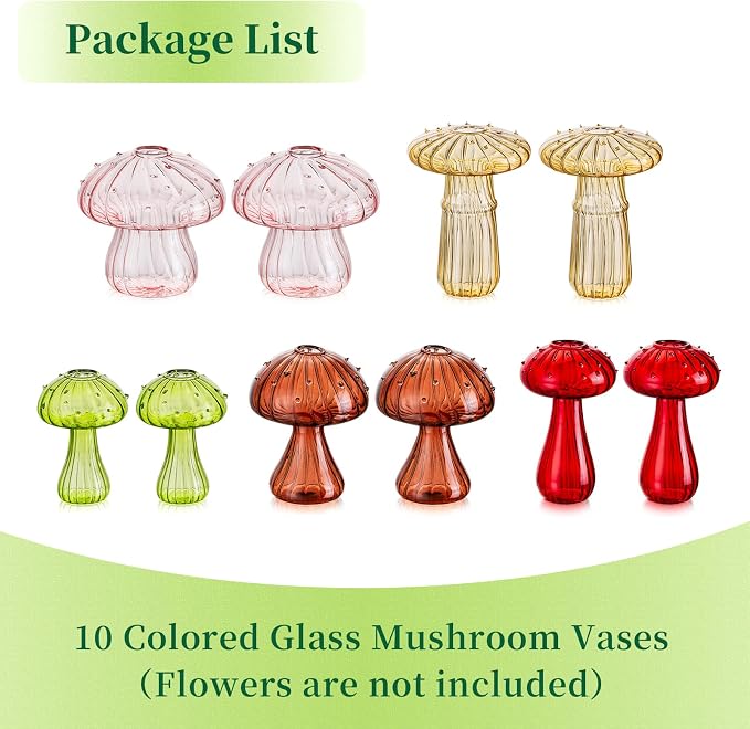 Hewory Glass Mushroom Vase for Flowers, 10pcs Colored Small Bud Flower Vases Unique, Mushroom Propagation Hydroponic Vases, Funky Cottagecore Decor for Home Room Kitchen Office Windowsill Decorations | Propagation Vases, Mushroom Decor, Gifts for Plant...