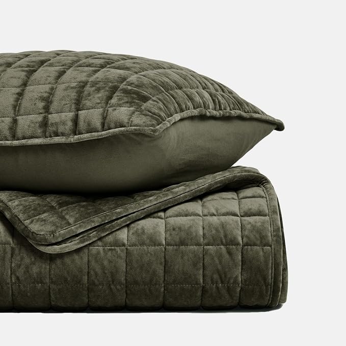 RECYCO Velvet Quilt Set, Oversized California King 118"x106", Olive Green | Channel Box Stitch Velvet Comforter Set, Ultra Soft Lightweight Bedspread Coverlet, All Season Bedding Set, with 2 Shams