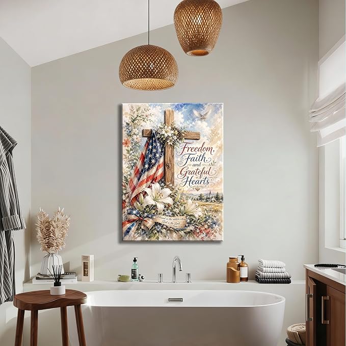 RIBNTAK 4th of July Wall Art Canvas Prints Pictures Patriotic Christian Artwork American Flag Cross Decor Faith Freedom Religious Canvas Art for Living Room Bedroom Office Farmhouse Home Decorations