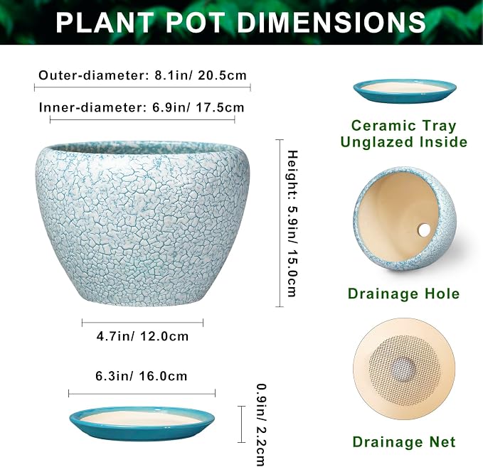 Ceramic Plant Pots, 8 Inch Indoor Plant Pots, Crackle Blue | Decorative Round Planters for Indoor Plants, Indoor Plant Pot with Drainage Hole and Tray, Home Decor, Gifts for Men Women