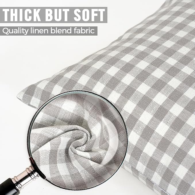 CARRIE HOME Buffalo Plaid Lumbar Pillow Covers 12x20 Set of 2, Light Grey and White Gingham Check Lumbar Pillows, Outdoor Farmhouse Checkered Pillow Covers for Patio Furniture (No Pillow Inserts)