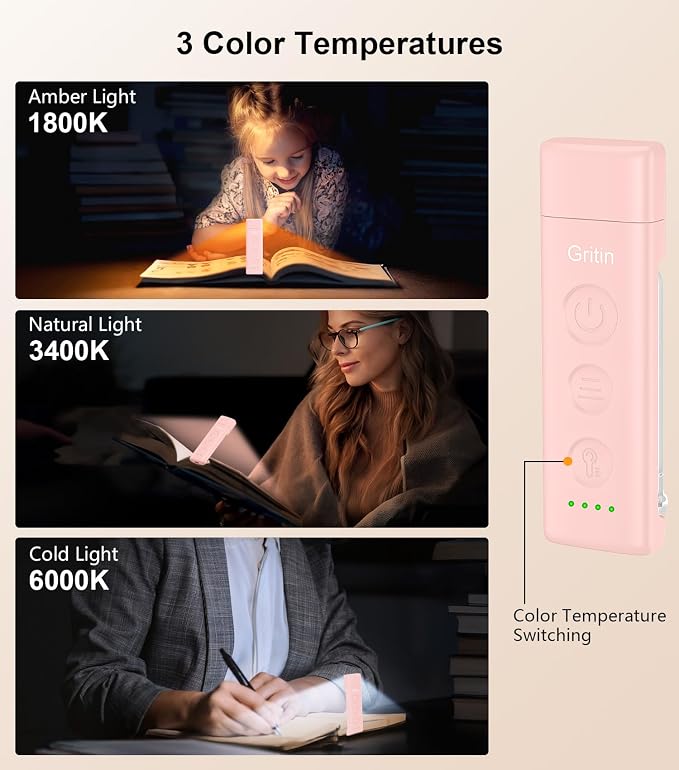 Gritin Book Light Rechargeable, Clip on LED Reading Light for Books in Bed