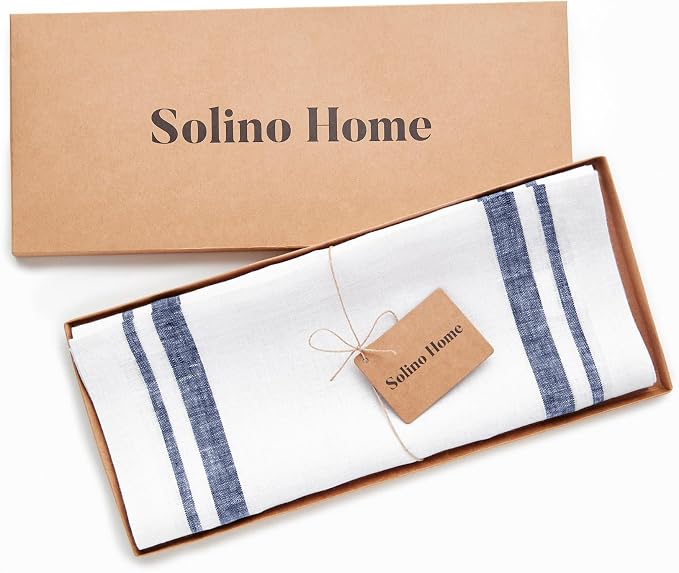 Solino Home 100% Pure Linen Table Runner, 14 x 36 in, Navy and White Stripe | French Stripe, dresses up dining tables for everyday meals, European flax fibres, machine washable, soft, OEKO-TEX Certified