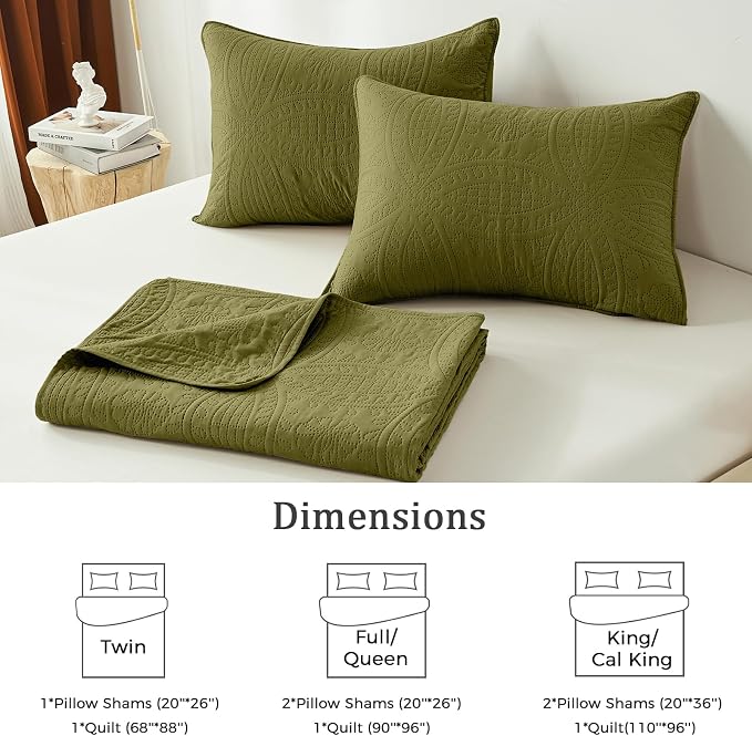 akkialla King/Cal King Quilt Set,Olive Green Lightweight Bedspread with Coin Pattern, Soft Microfiber Coverlet for All Seasons, Breathable and Skin-Friendly Fabric (1 Quilt, 2 Pillow Shams)