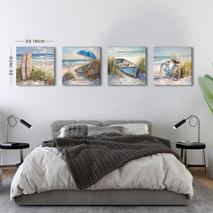 Rustic Coastal Wall Art Beach Picture Vintage Flowers Bicycle Wall Decor for Bathroom Bedroom Nautical Theme Seascape Floral Prints Boat Still Life Poster Artwork Living Room Home Decoration 20x20" 4p