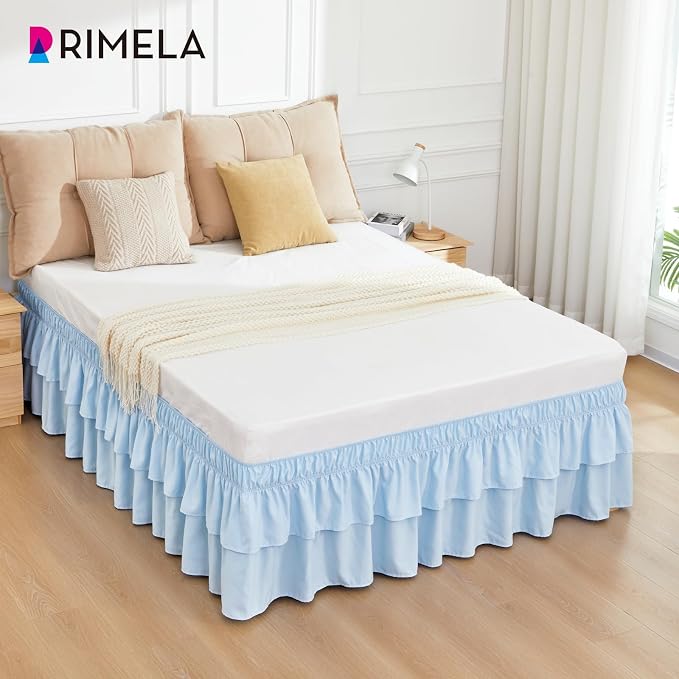 RIMELA Queen Size Ruffle Bed Skirt 15 Inch Drop - Light Blue Double Layered Wrap Around Dust Ruffle, Romantic Cute Design Bedskirt with High-Density Fabric, Soft Stretchy, Easy Install for Queen Bed