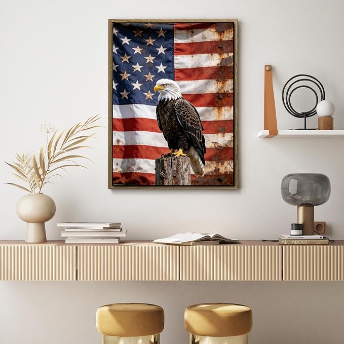 American Flag Framed Canvas Wall Art, 4th of July Patriotic Canvas Prints | USA Flag with Bald Eagle Poster Print, Vintage Independence Day Wall Decor for Bedroom Living Room 16×20in