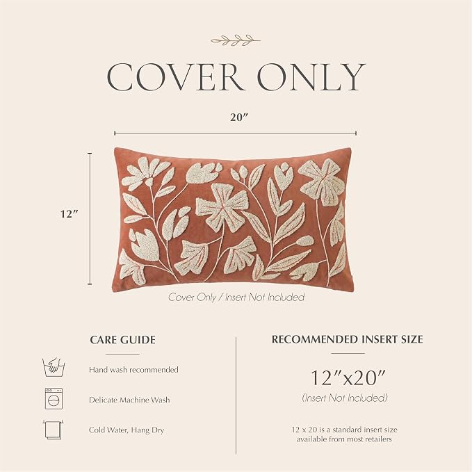 BlissBlush Lumbar Pillow Cover 12x20 Inch, Rust Terracotta Floral Tufted Velvet Decorative Accent Pillow Case for Sofa Bed Living Room, Cover Only