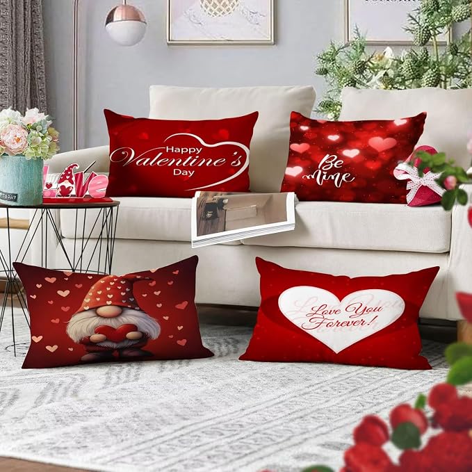YeeJu Happy Valentines Day Pillow Covers 12x20 Set of 4 Red Love Heart Gnome Pillow Cases Velvet Wedding Anniversary Love You Cushion Covers for Outdoor Couch Sofa Decoration(12X20)