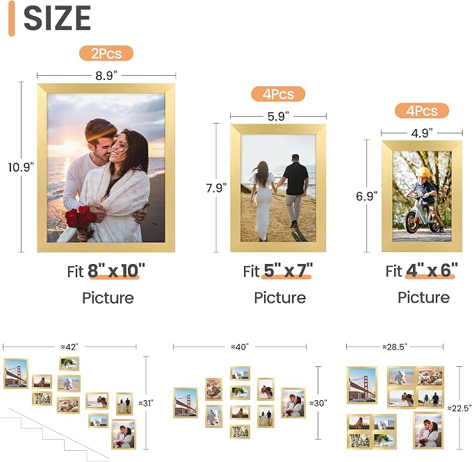 upsimples Picture Frames Set of 10, Including 8x10, 5x7, 4x6 Gold Frame | Multi Picture Frames Collage Wall Decor, Gallery Wall Frame Set, Gift For Christmas, Mothers' day, Wedding, Dorm, Living Room