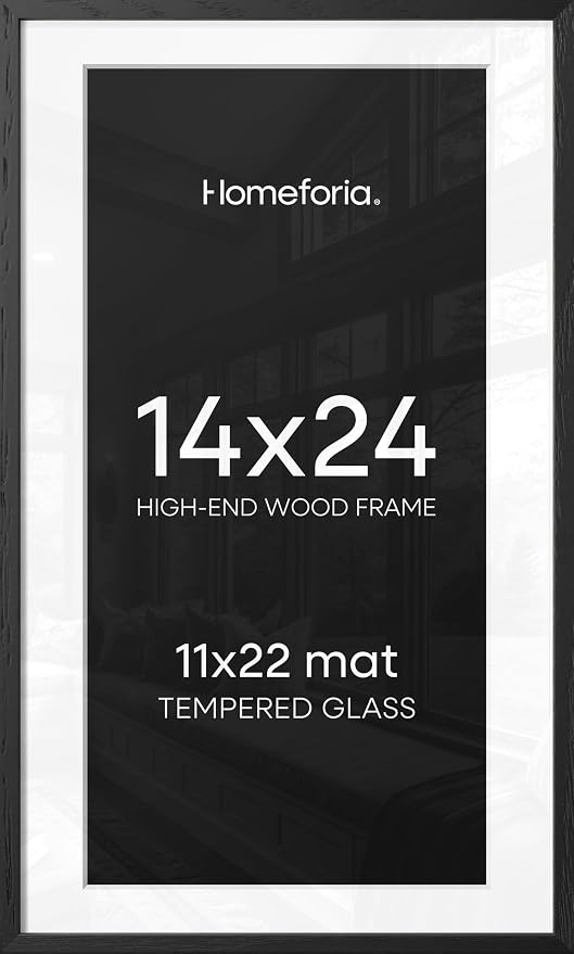 Homeforia 14x24 Black Oak Picture Frame, High-End Wood, 11x22 Mat, Glass