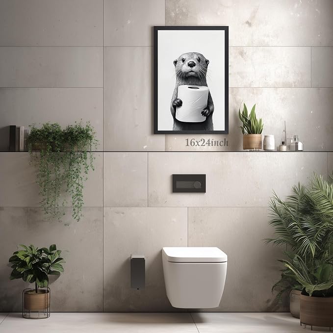 LLEEMPI Funny Otter Toilet Paper Bathroom Wall Art,16x24 Wood Framed Print | Black and white minimalist otter decor for bathroom, restroom or hallway; a funny housewarming gift for animal lovers.