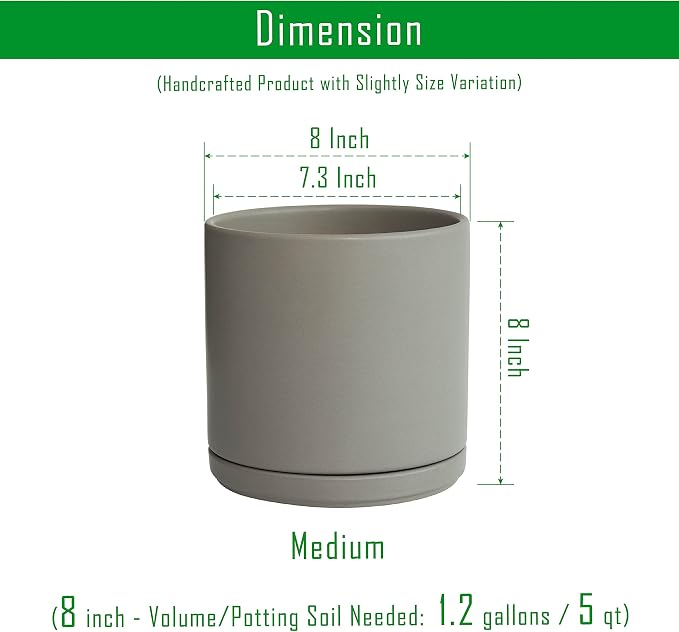 D'vine Dev 8 Inch Ceramic Planter Pot, Grey, 94-O-D-3 | Modern Cylinder Design, Drainage Hole & Saucer Included, Stable Structure, Elegant Home Accent