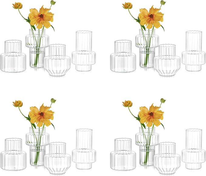 Hewory Ribbed Bud Vases for Centerpieces: 16PCS Small Flower Vases Bulk | Modern Glass Jars for Wedding Table Decor, Assorted Clear Floral Arrangement, Mini, Fluted, Pleated, Set