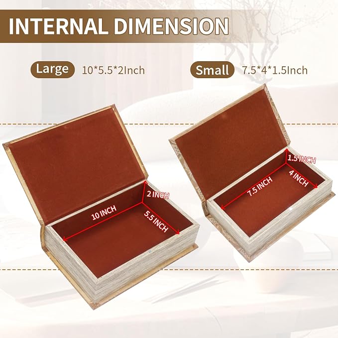 Decorative Book Boxes Set of 2 Magnetic Lock Faux Wooden Storage Book Box