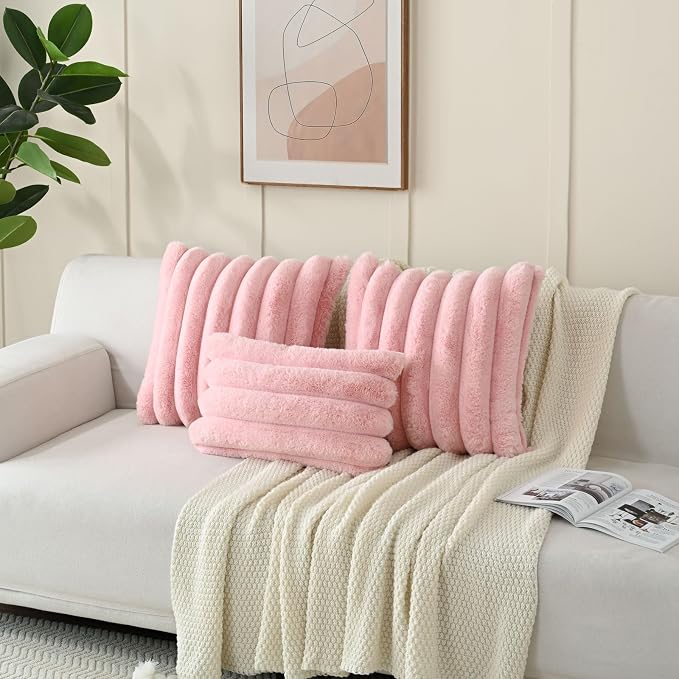 HAUSSY Pack of 2 Pillow Covers 22x22 Inch, Faux Fur Decorative Couch Throw Pillows Soft Striped Plush Cushion Covers Home Decor Cute Furry Pillowcase for Living Room Sofa Bed, Pink (Covers Only)