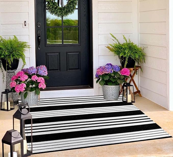 Black and White Outdoor Rug 3'x 5',Striped Farmhouse Front Porch Mat | Machine Washable Hand-Woven Outdoor Front Porch Rug Combined Use With Hello Welcome Mat