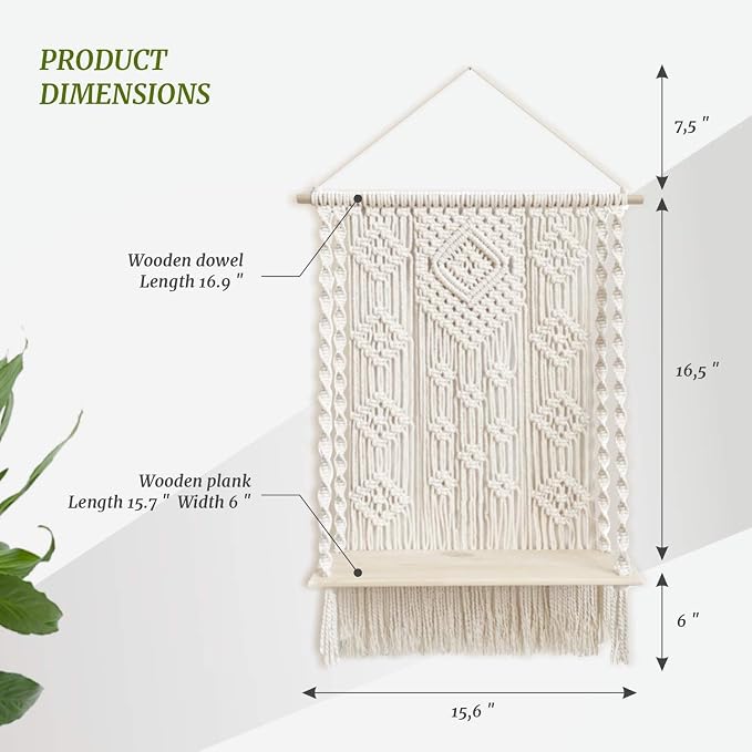 Macrame Wall Hanging Plant Decor Shelf Indoor Outdoor Floating Wood shelve Decorative Hand Made Rope Boho Shelving for Plants