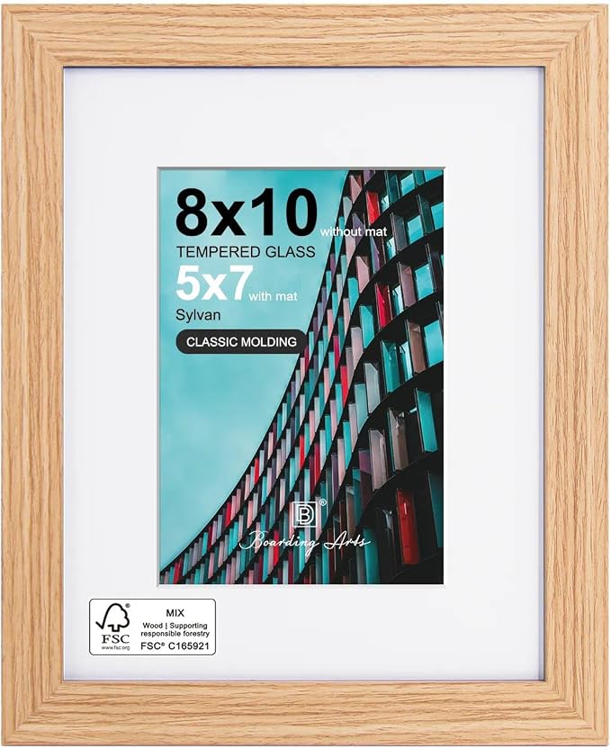 8x10 Picture Frame-Natural Oak,5x7 Mat,Tempered Glass,Engineered Wood