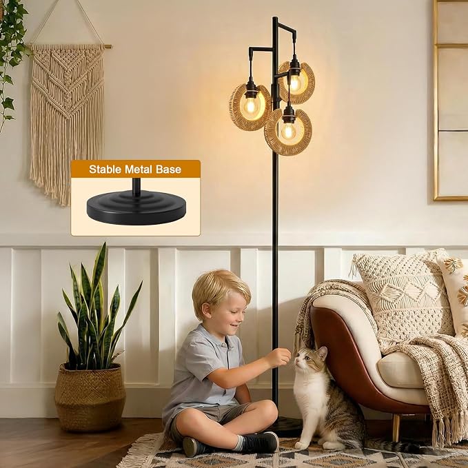 OYEARS 70" Boho Floor Lamps for Living Room, Stepless Dimmable Rattan Floor Lamp, Farmhouse Tall Lamps for Bedroom, Standing Tree Lamp for Office, Nursery, Rotary Switch, 3 LED Bulbs Included, Black