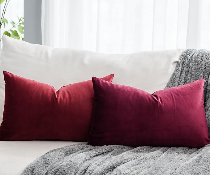Christmas Red Wine Decorative Lumbar Velvet Throw Pillow Covers 16x24 inch Set of 2 with Zipper Luxury Soft Solid Rectangle Cushion Covers Case for Sofa Couch Bed Living Room