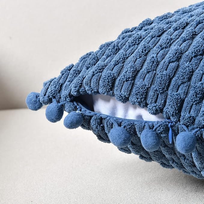 Fancy Homi Set of 2 Dusty Blue Decorative Throw Pillow Covers 16x16 Inch with Pom-poms for Couch Bed Sofa, Rustic Farmhouse Boho Home Decor, Soft Plush Corduroy Cute Cushion Case 40x40 cm