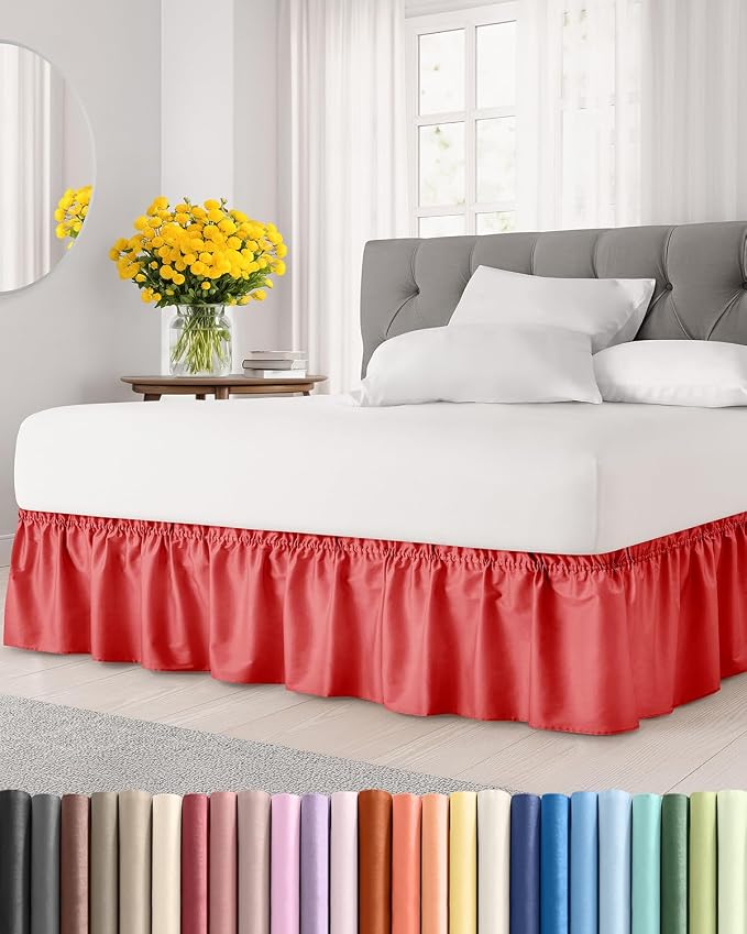 Wrap Around Dust Ruffle Bed Skirt, Full Size Beds - Easy 15 Inch Drop, Red | Easy Fit Elastic Strap, Adjustable Pleated Bedskirt w/Brushed Fabric, Wrinkle & Fade Free, for Women, Men, Kids & Teens