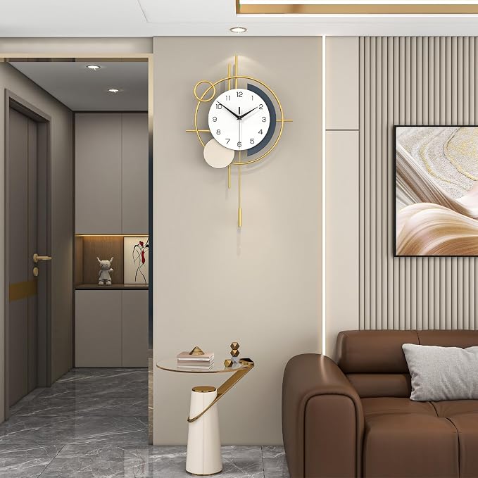 Wall Clock Decorative Pendulum Modern Wall Clock Battery Operated | Analog Non-Ticking Gold Iron Unique Large Clock for Living Room,Bedroom,Office,Kitchen,Bathroom Iron Wall Decor 13.8x21.9in