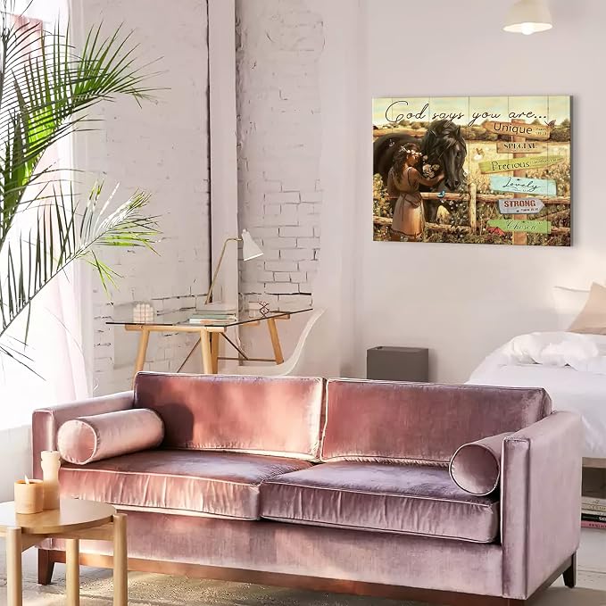 Rustic Farmhouse Horse Wall Art Horse Gifts for Girls Inspirational Spiritual Scripture Christian Picture God Says You Are Wall Decor Framed Modern Artwork for Girls Bedroom 16x24 inch