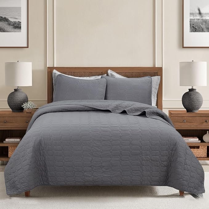 Cozy Line Home Fashions 100% Cotton Quilt Set – 3-Piece Charcoal Gray Solid Classic Modern Geometric Quilted Bedspread with Shams, Lightweight All Season Modern Bedding (Hexagon Gray, King)