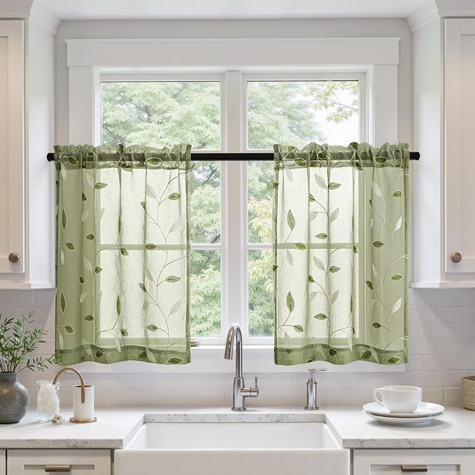 MIULEE Sage Green Sheer Curtains 2 Panels Leaf Patterned, W30 x L24 | Embroidered Floral Semi Sheer,Rod Pocket,Faux Linen,Short Window Curtains Drapes Set for Kitchen/Bathroom/Cafe