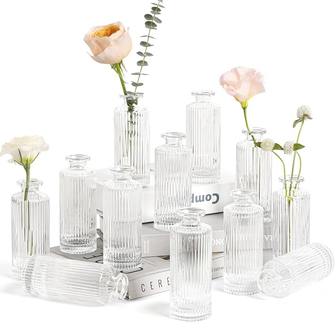 ComSaf Glass Small Bud Vases in Bulk 12 Pcs 5.2 Inch, Clear Flower Vases | Vintage Ribbed Style, Mini Bouquet Display, Wedding Centerpiece, Home Decor, Housewarming Gift, Valentine's Day, Mother's Day