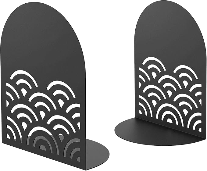 QiMing Ukiyoe Auspicious Clouds Bookends for Books,1 Pair Metal Wavy Pattern Book Holders for Office Shelves Adults Gift(Black)