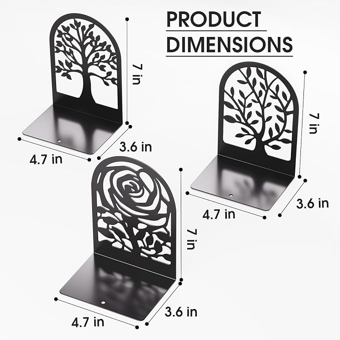 MaxGear Decorative Book Ends, Heavy Duty Bookends for Shelves, 3 Pairs | 6.89 x 4.89 x 3.54 Inch,Heavy Duty Support,Non-Skid Pads,Metal Finished,Scratch Resistant,Stable Support,Space Saving