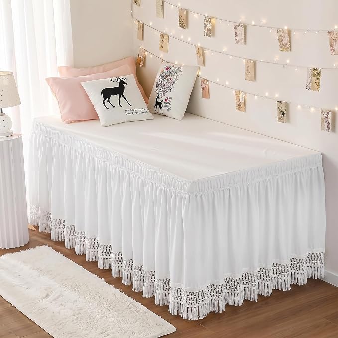 RIMELA Tassel Trim Dorm Bed Skirt Twin XL 36 Inch Drop, Wrap Around Elastic Dust Ruffle Easy to Install, Bedskirt Solid Silky Fabric Machine Washable, Bedroom Decor