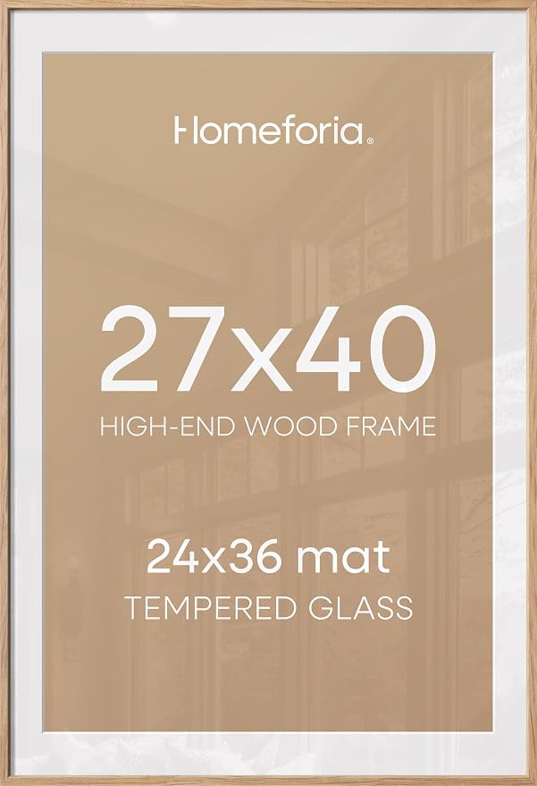 Homeforia 27x40 Natural Oak Poster Frame, High-End Wood, 24x36 Mat, Glass