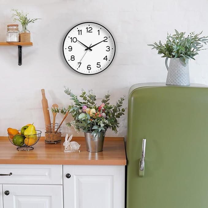 Roymnie 8 Inch Wall Clock, Battery Operated Silent Non Ticking Analog | Black modern analog; large 3D easy-read dial for kitchen, office, bathroom & bedroom; 1 AA battery (not included)