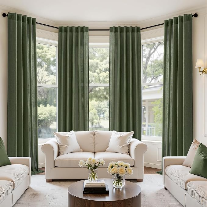 MIULEE Olive Green Back Tab Linen Curtains 4 Panels 42W x 102L | Linen material, light filtering, rod pocket back tab hanging, farmhouse decor for living room bedroom