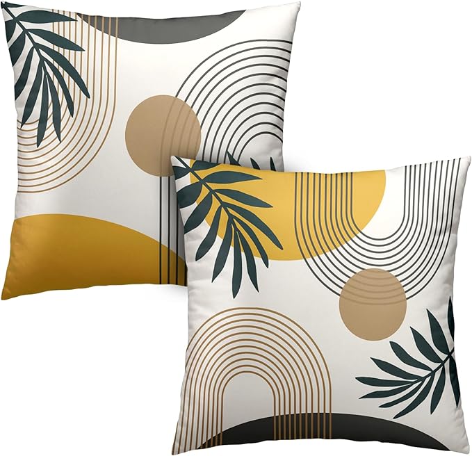 Abstract Boho Pillow Covers 16x16 Set of 2 Mid Century Modern Pillow Covers Green Leaf Design Decorative Throw Pillow Cases Cotton Blend Home Decor for Bed Couch