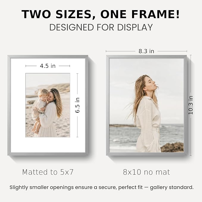 8x10 Photo Frame Silver, Aluminum Metal 8 x 10 Frame with Removable Mat, 8 by 10 Silver Picture Frame Matted to 5x7 Photo, Real Tempered Glass for Home and Office Gallery Wall, 1 Pack