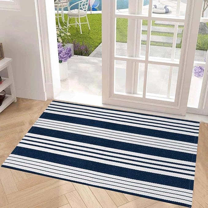 Blue and White Layered Doormat 27.5"x43.3"Cotton Door Mat Outdoor Porch Rug | Hand-Woven Washable Farmhouse Indoor/Outdoor Rug Combined With Hello Welcome Mat
