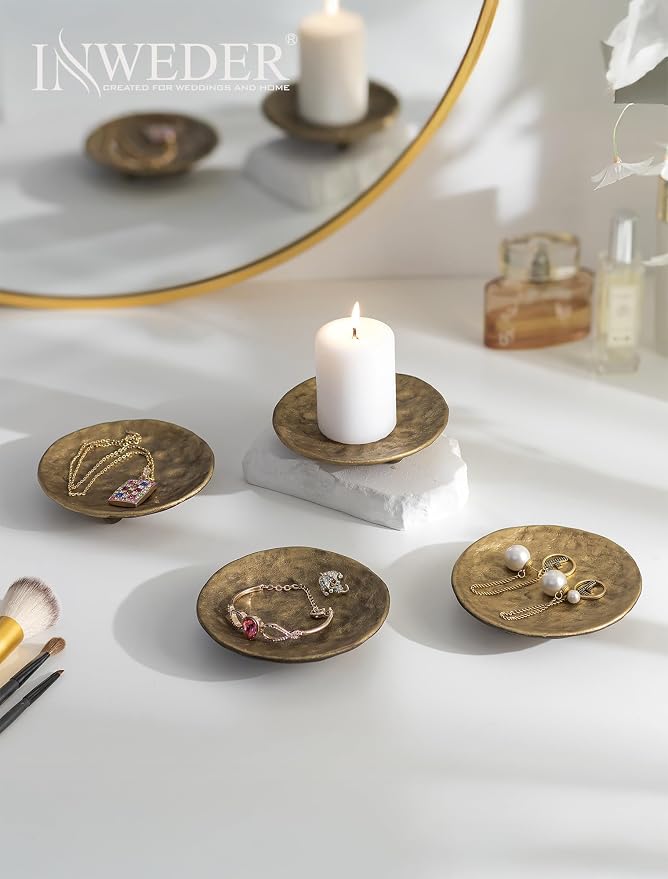 Gold Pillar Candle Holder: 4.6" Cast Iron Candle Tray and Plate